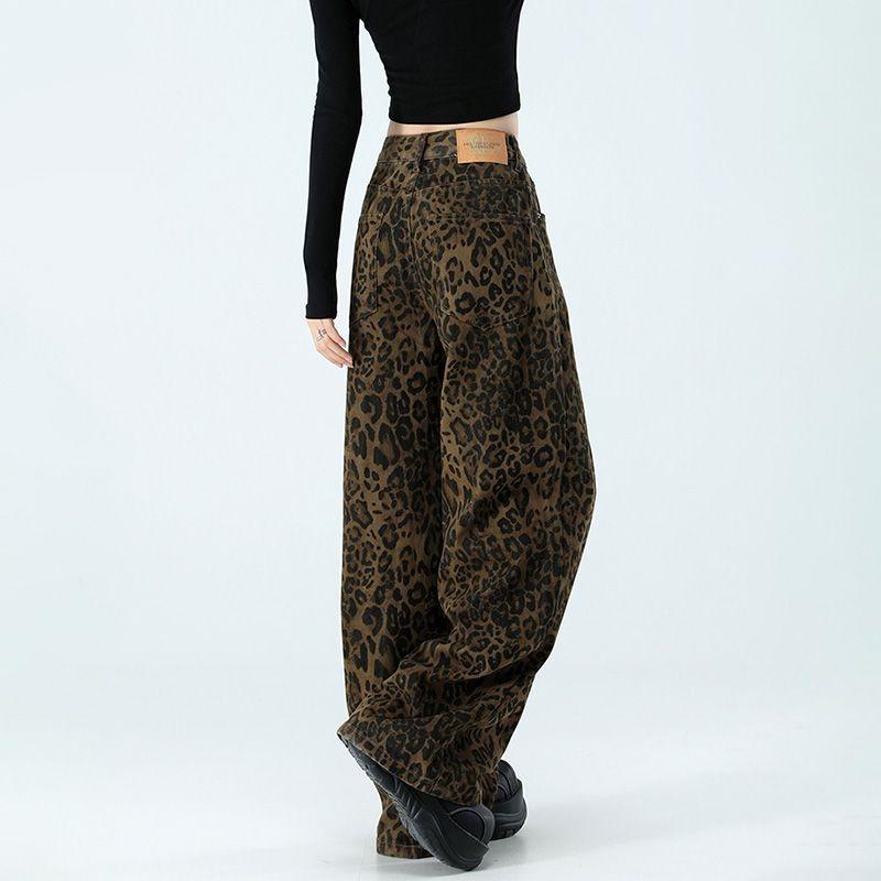 Womens High Waist Leopard Print Wide Leg Jeans Y2K Baggy Denim Trousers Streetwear