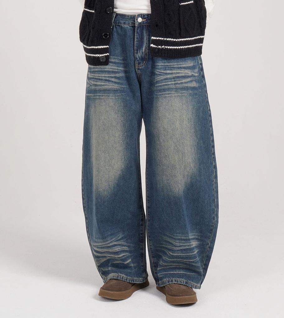 Beoteunseoul Double Catbrush Washed Wide Balloon Fit Denim (Blue)