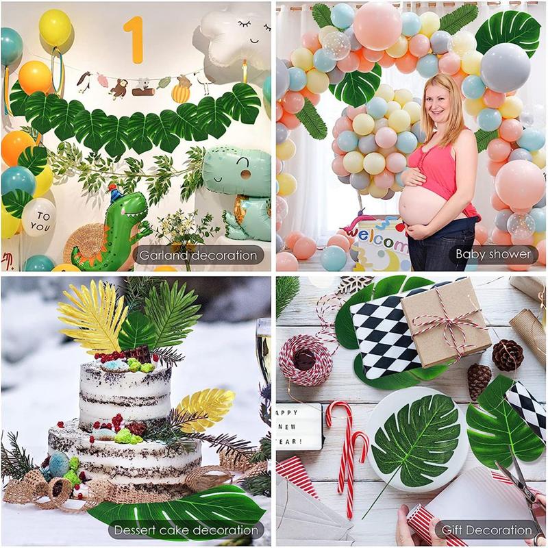 2026+ 100 Pcs Artificial Palm Leaves Tropical Leaves, Leaf Gold and Green Faux Leaves for Hawaiian Party Table Decoration