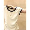 Color-Blocked Round Neck Short-Sleeve T-Shirt for Women, 2026 Summer New Fashion, Simple and Elegant, Waist-Cinching with Buttons, Exquisite Top