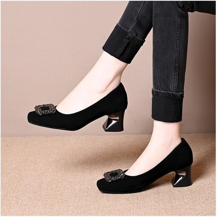 Square head shallow mouth single shoes women's spring new rhinestone square buckle black low-heeled women's shoes