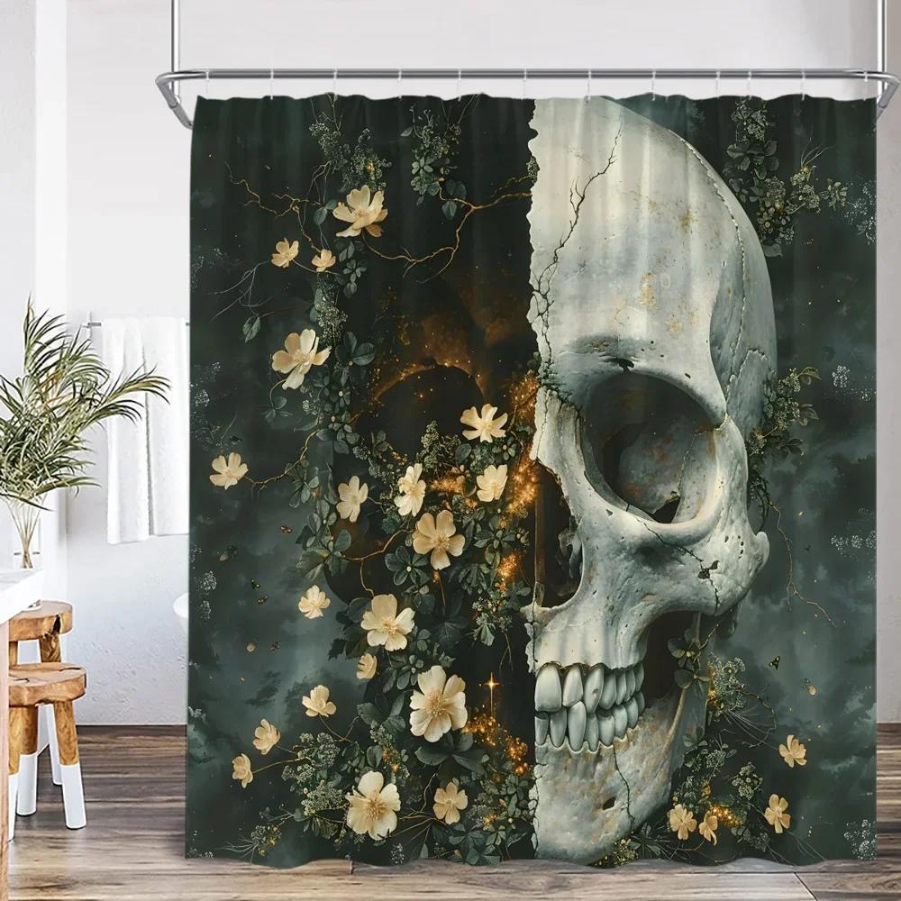 

Funny Skull Bone Shower Curtain Halloween Flower Green Leaves Bathroom Decoration Vintage Skull Polyester Shower Curtain W60H190(CM)-1 Pcs