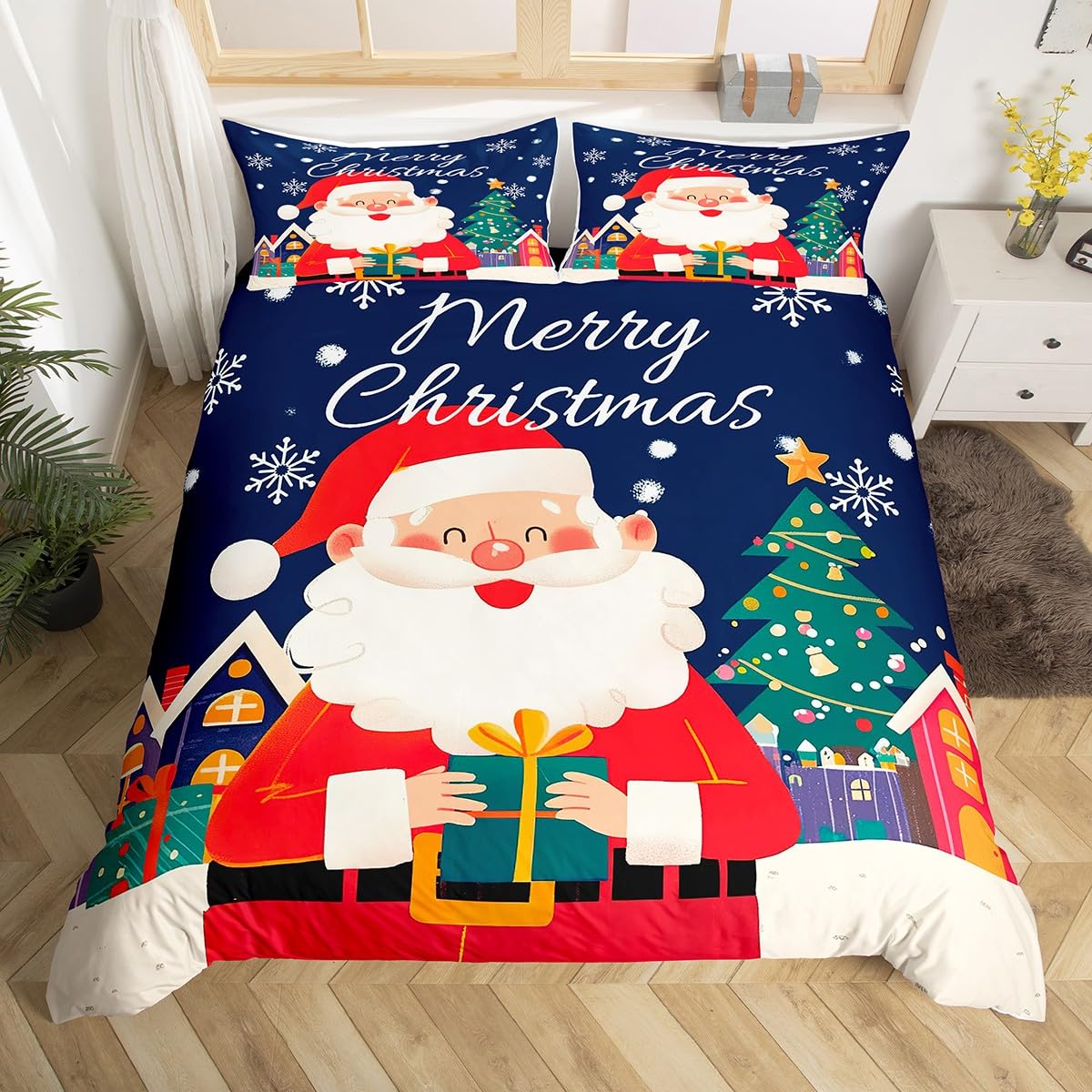 

Christmas Soft Duvet Cover Ful Quen,Lovely Carton Santa Claus Snowflake Beding Set Xmas Gifts for Young Boys Young Girls Christmas Comfortable Quilt 100*200cm Single