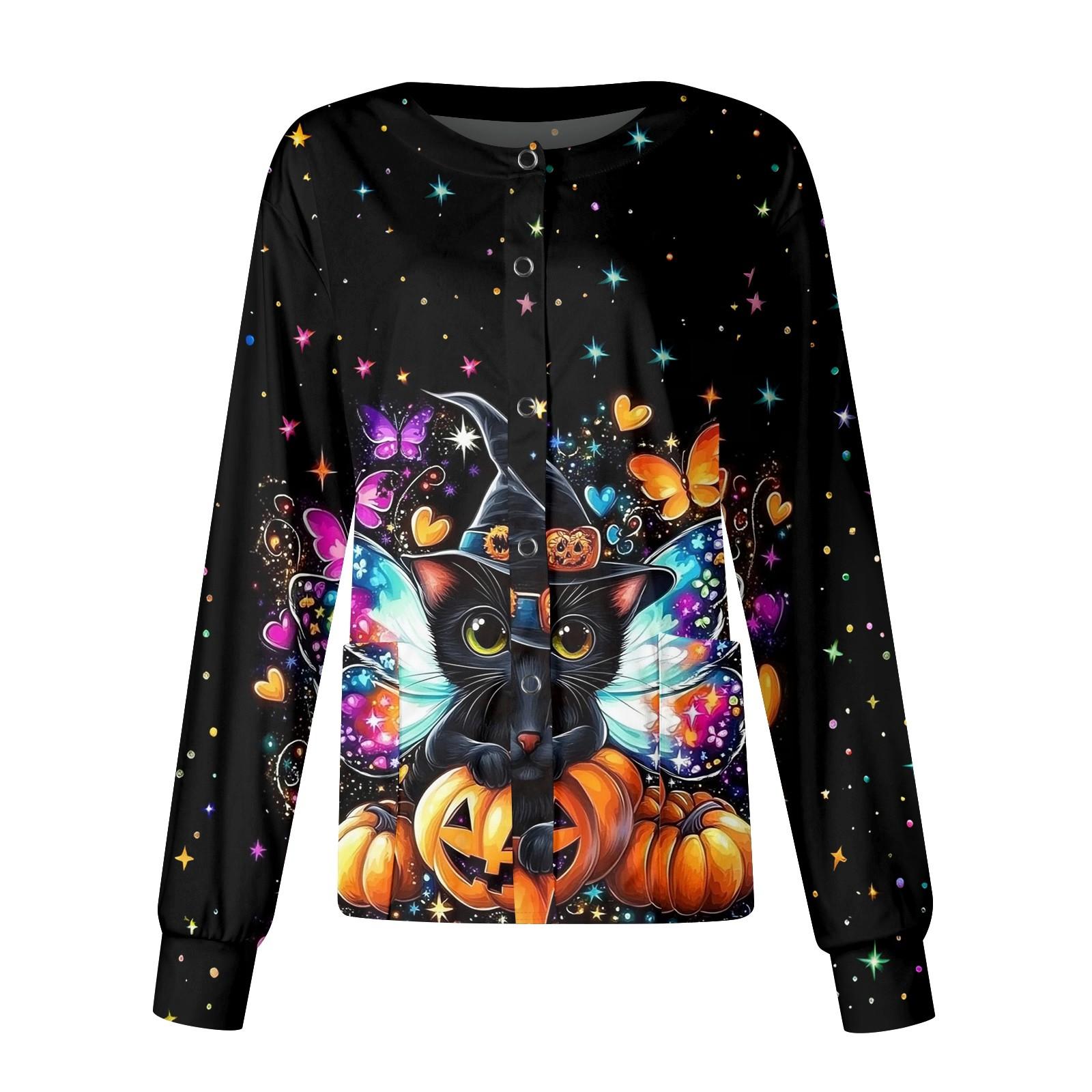 

Women s Halloween Printed Casual Long-sleeved Single-breasted Work Uniform Cardigan Top L синий