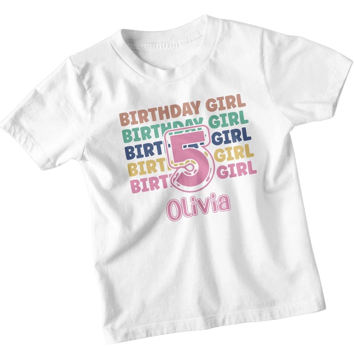 Personalised 5th Birthday Girl Retro Kids T-Shirt Custom Olivia Name Tee 150