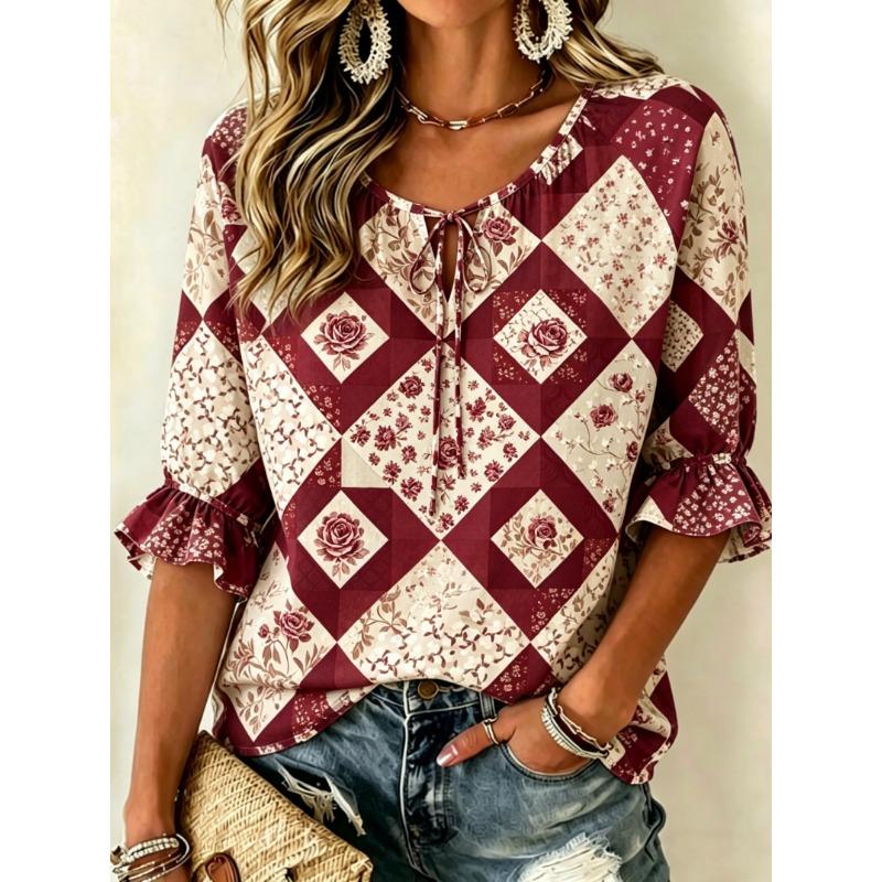 Women's Spring Summer Casual Blouse, Green Succulent Patchwork Print Tops for Daily Street Holiday Dating Leisure Outfit