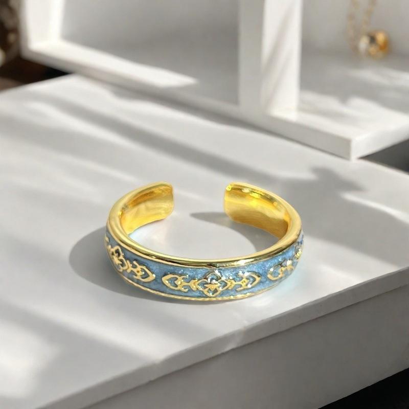 French Retro Enamel Dripping Open Ring, National Tide Texture Flower Niche Design Ring