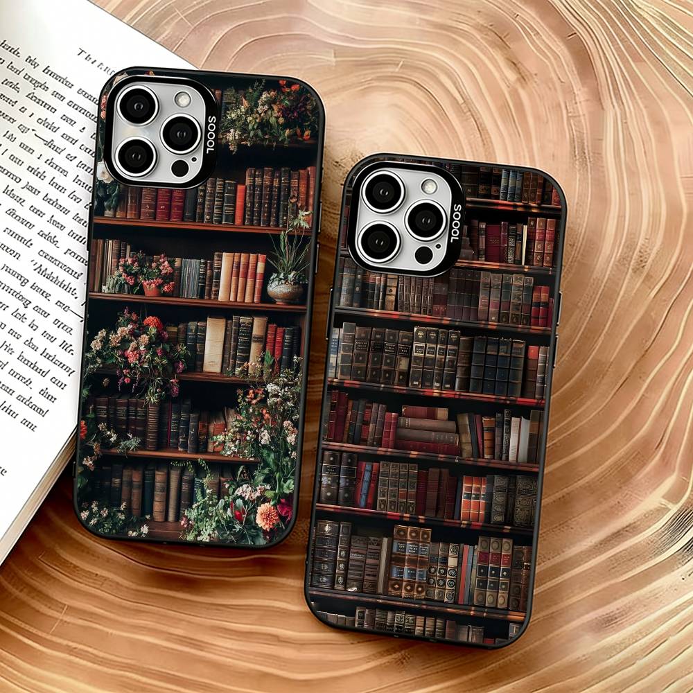 Estante de Livros Padrão Criativo Capa de Celular Para iPhone 17,16,15,14,13,12,11 Plus,Pro Max,XS,Prata Colorida Revestida Tampa Interna