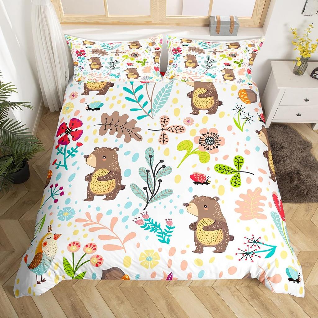 Comforter Cartoon Lion Kids Jungle Botanical Comforter Floral Zoo Animal Bedding Set Woodland Leaves Flowers