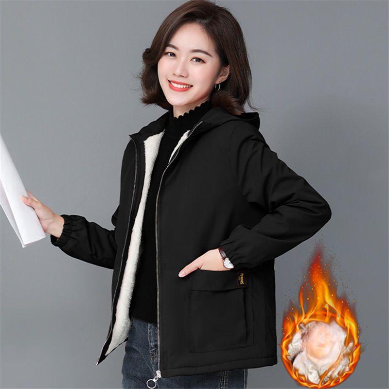 Women's Fleece Jacket Autumn Winter Short Thick Warm Zipper Jacket Loose Women's Hooded Coat Plus Size