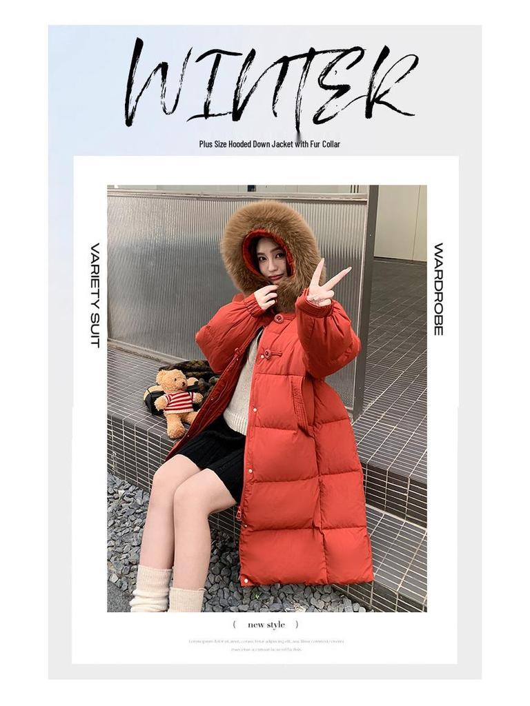 2026 Plus Size Women's Long Thickened Down Jacket with Fox Fur Collar, 200 Jin Capacity, Loose Fit, Extra Long Style