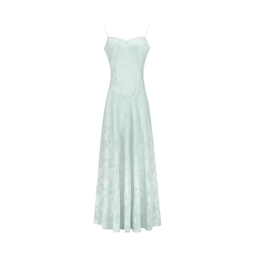 Seaside vacation wind green suspender dress women's summer temperament mesh stitching waist thin a-word skirt long dress