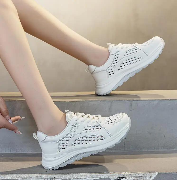 Fashion 4.5CM Summer Woven Mesh Shoes Women Thick Sole Lace-Up Lightweight Breathable Genuine Leather Casual Sneakers 2025 Women Shoes