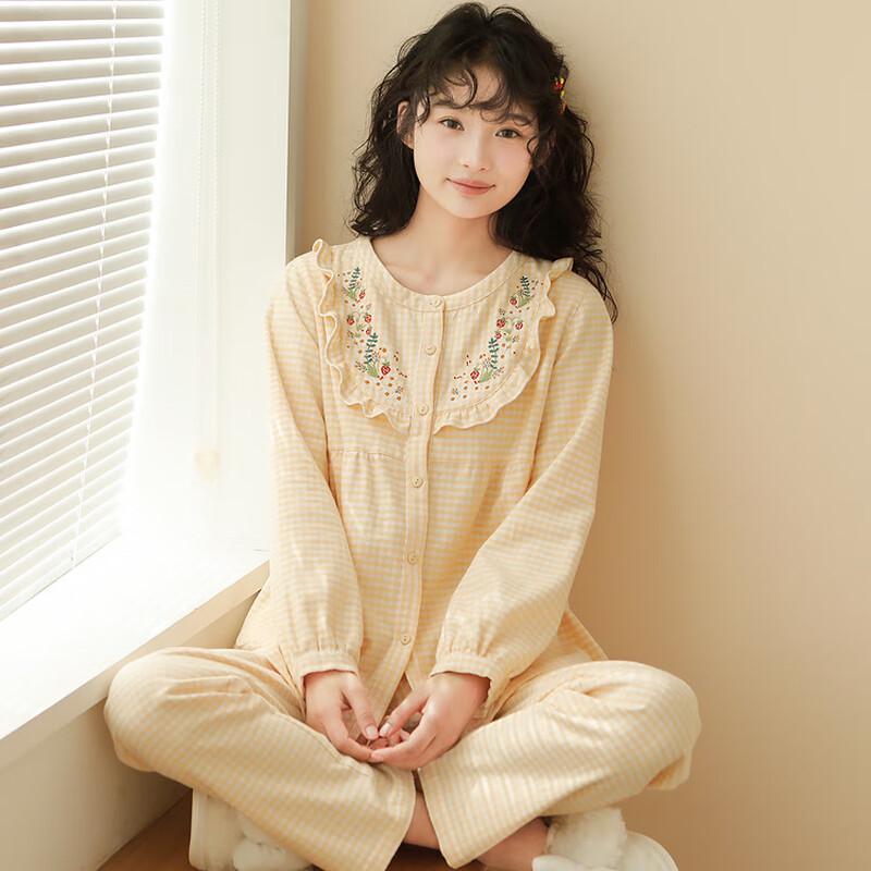 

Women s Brushed Flannel Lace Embroidered Pajama Set