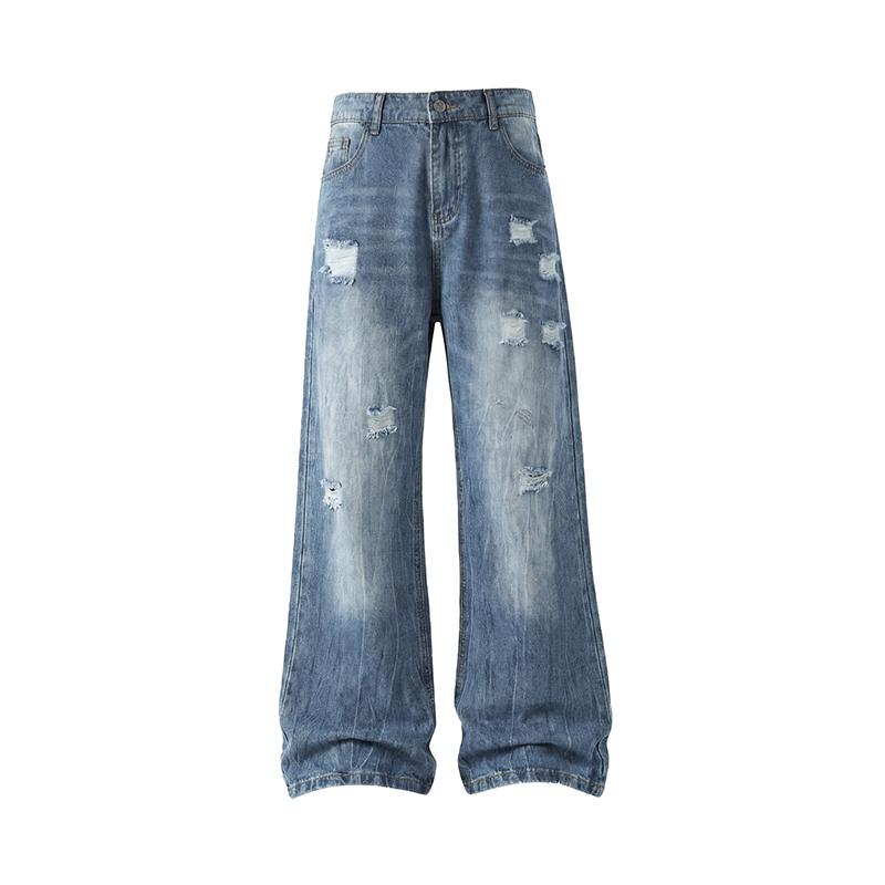 Men s Ripped Wide Leg Jeans Vintage Washed Denim Pants Streetwear Bottoms M синий