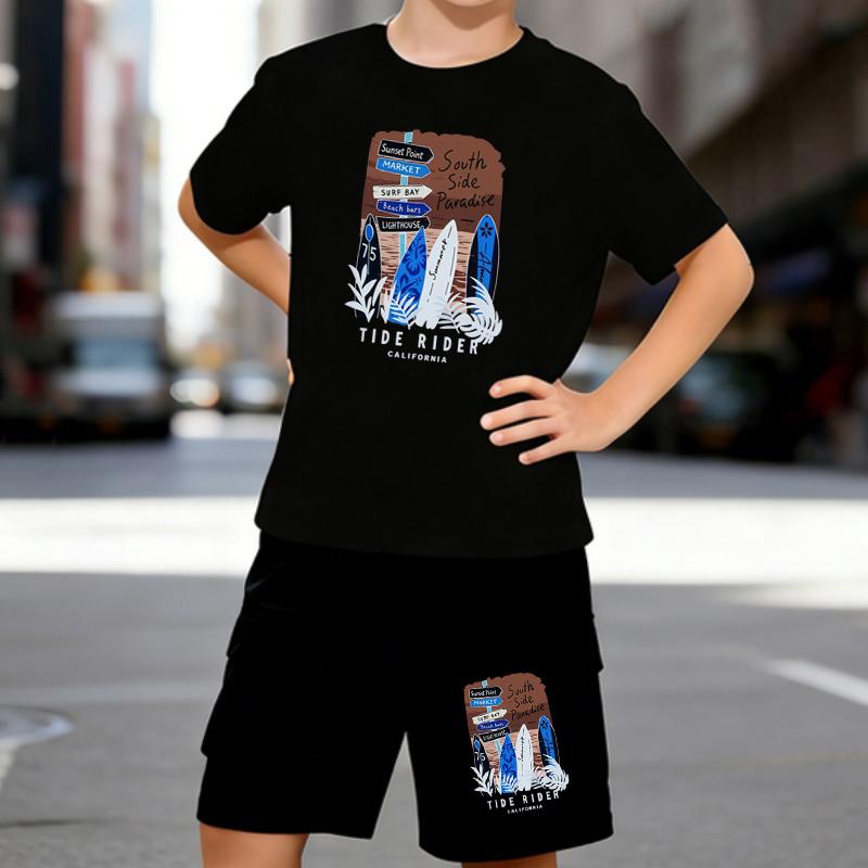 

Boys 2 Piece California Surf Style Printed outfit, Short Sleeve T-Shirt and Shorts Set for Kids Age 5-14,Black ,White Sporty Casual Summer Clothes 5-6 Years чёрный