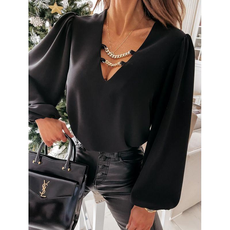 

Work Clothing White V-neck Chain Decoration Long Sleeves Shirt Black 2XL