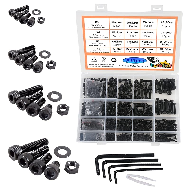 1180pcs Metric Nuts and Bolts Washers Assorted Set M2 M3 M4 M5 Black Hex Socket Head Cap Screws Bolts and Nuts Kit Thread Machine Hex Bolt Set