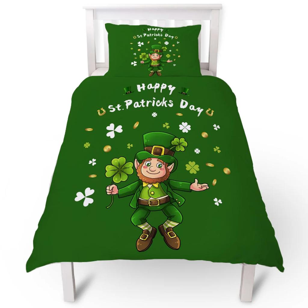 St. Patrick'S Day King Full Duvet Cover Green Lucky Clover Bedding Set Happy Cartoon Gnome Quilt Cover Polyester Comforter Cover