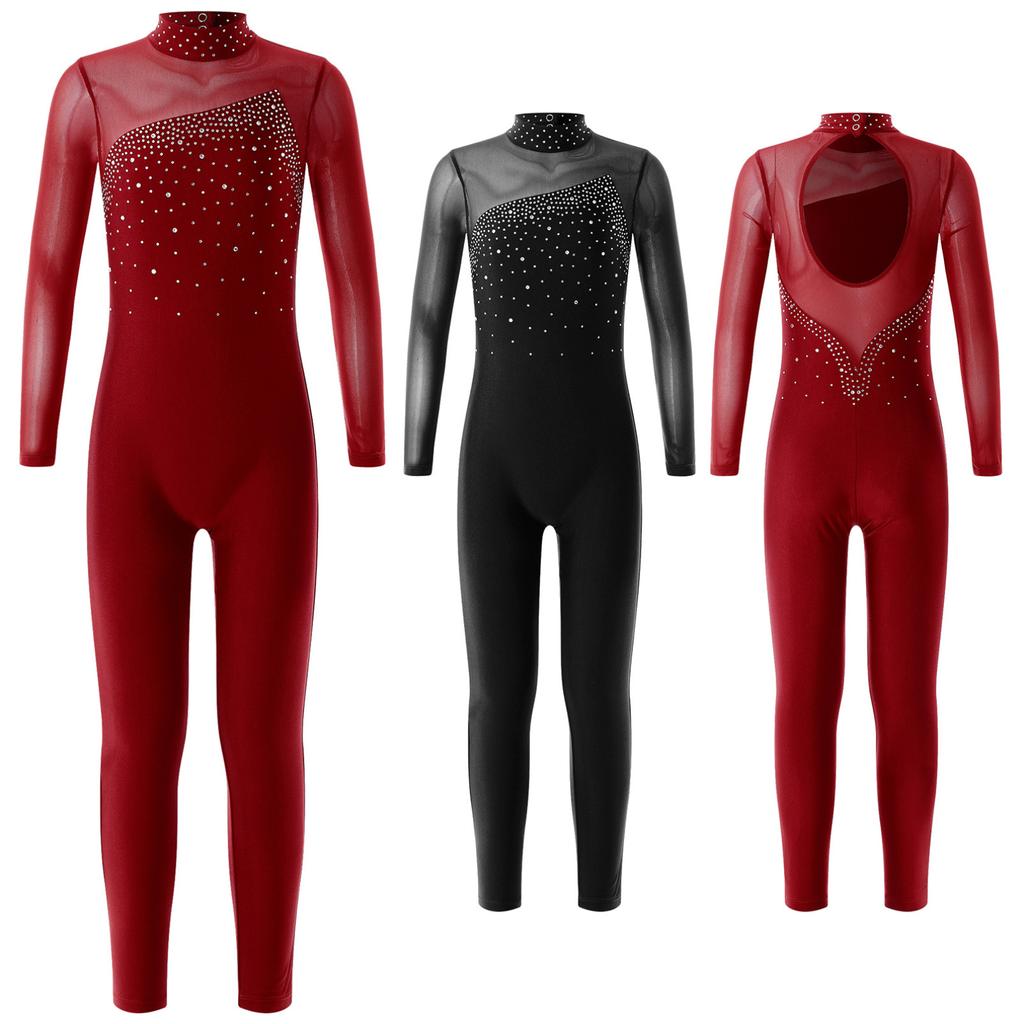 Barn Jenter Stilige klær Langermet rund krage skinnende rhinestone dekorert skøyte jumpsuit med hul rygg