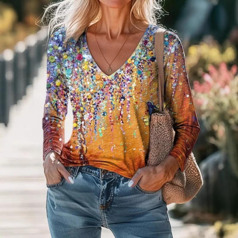 Women Vintage Ethnic Print V-Neck Long Sleeve T-Shirt Casual Bohemian Blouse