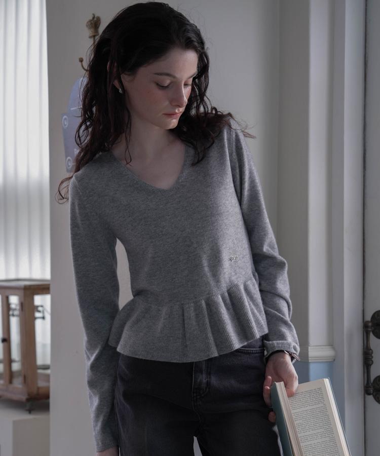 DEHEVE V-Neck Flare Shirring Knit [Gray]