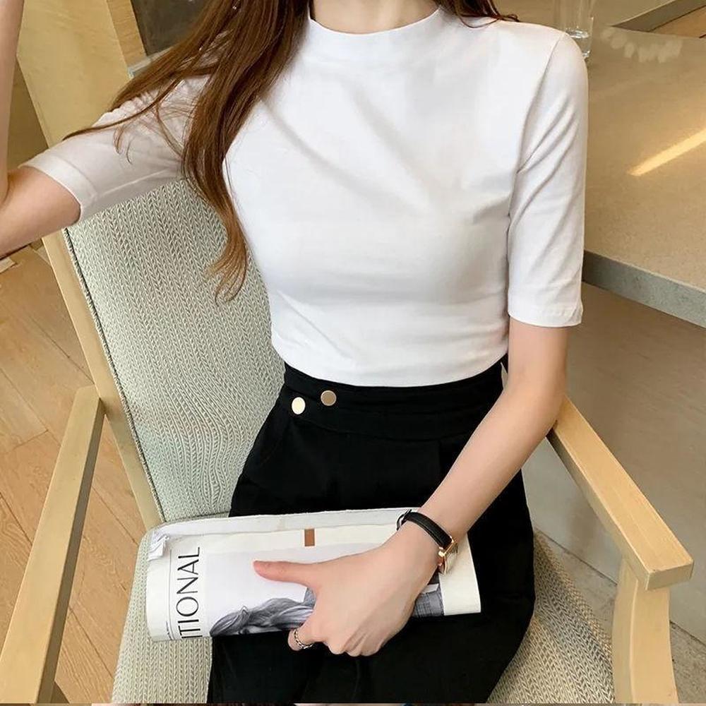 M-5XL Korejský styl Ženy Crop Top Želva s výstřihem Vnitřní Krátký rukáv Jednobarevná Košile Slim Fit Velké velikosti Košile s želvovým výstřihem Vnitřní