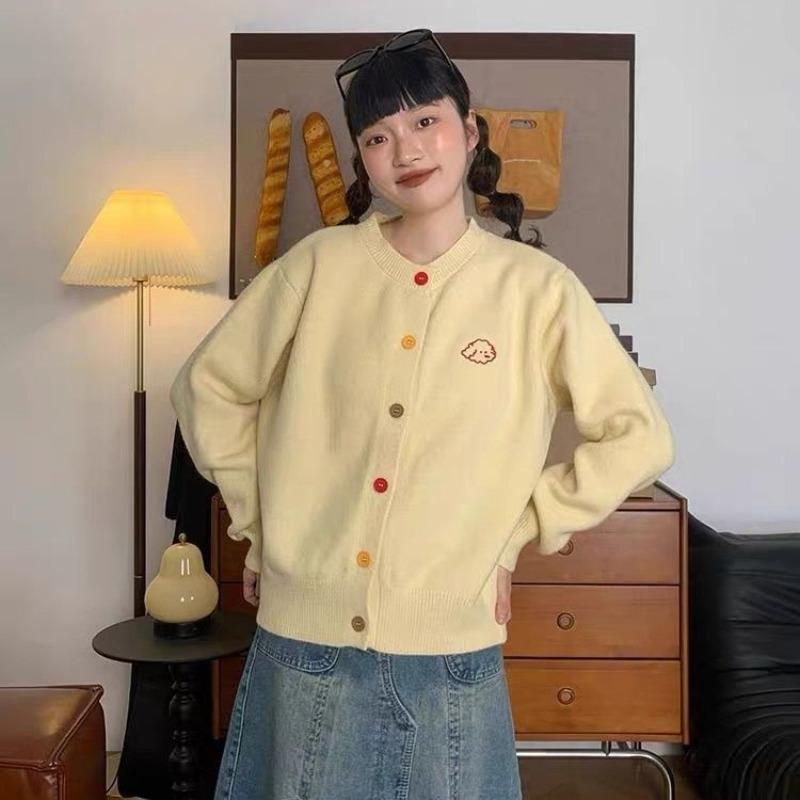 Embroidered Women's Knitted Cardigan Crew Neck Colored Button Solid Color Sweater Korean Version Sweet Woman Casual Long Sleeved Coat