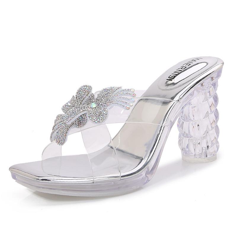 

Summer new flower thick heel sandals women s transparent one-word strap high heels rhinestone bow fish mouth open-toed princess shoes 35 серебряный