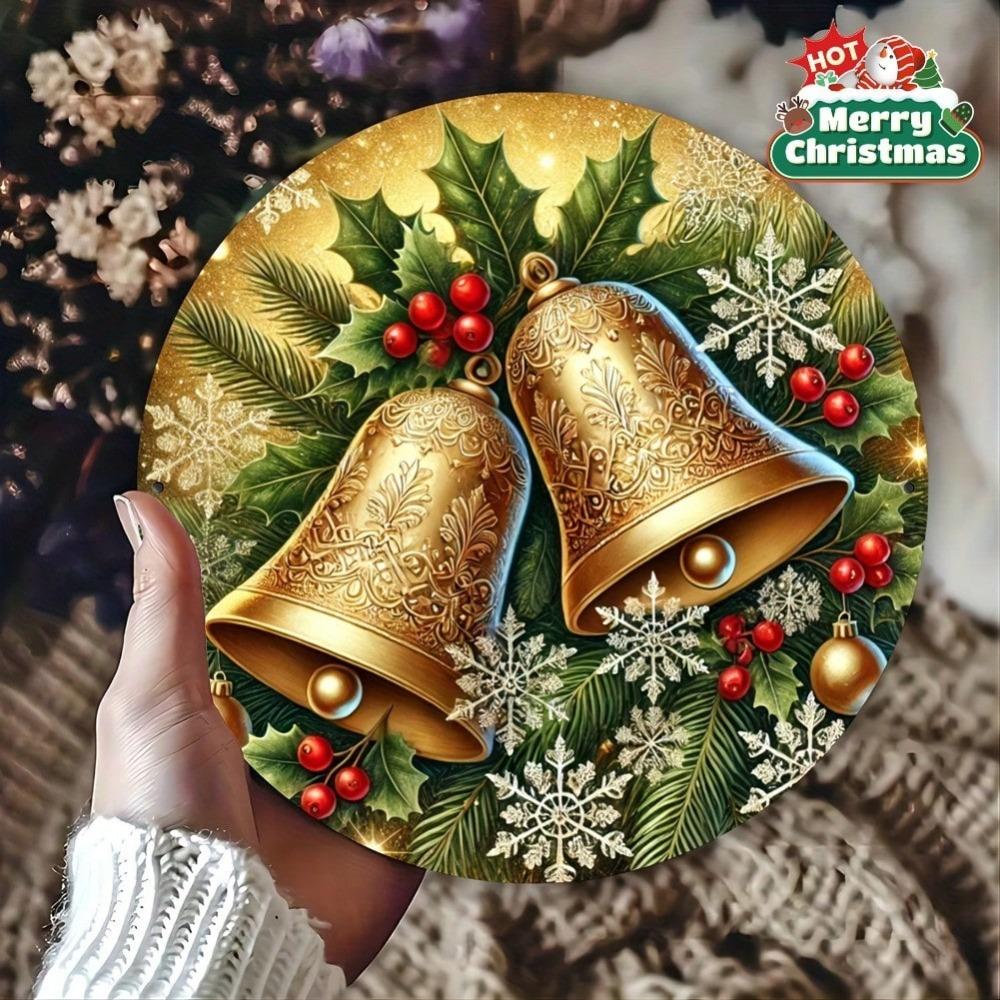 Metal Christmas Bell Round Sign Holiday Decor Vintage Home Wall Art Gift