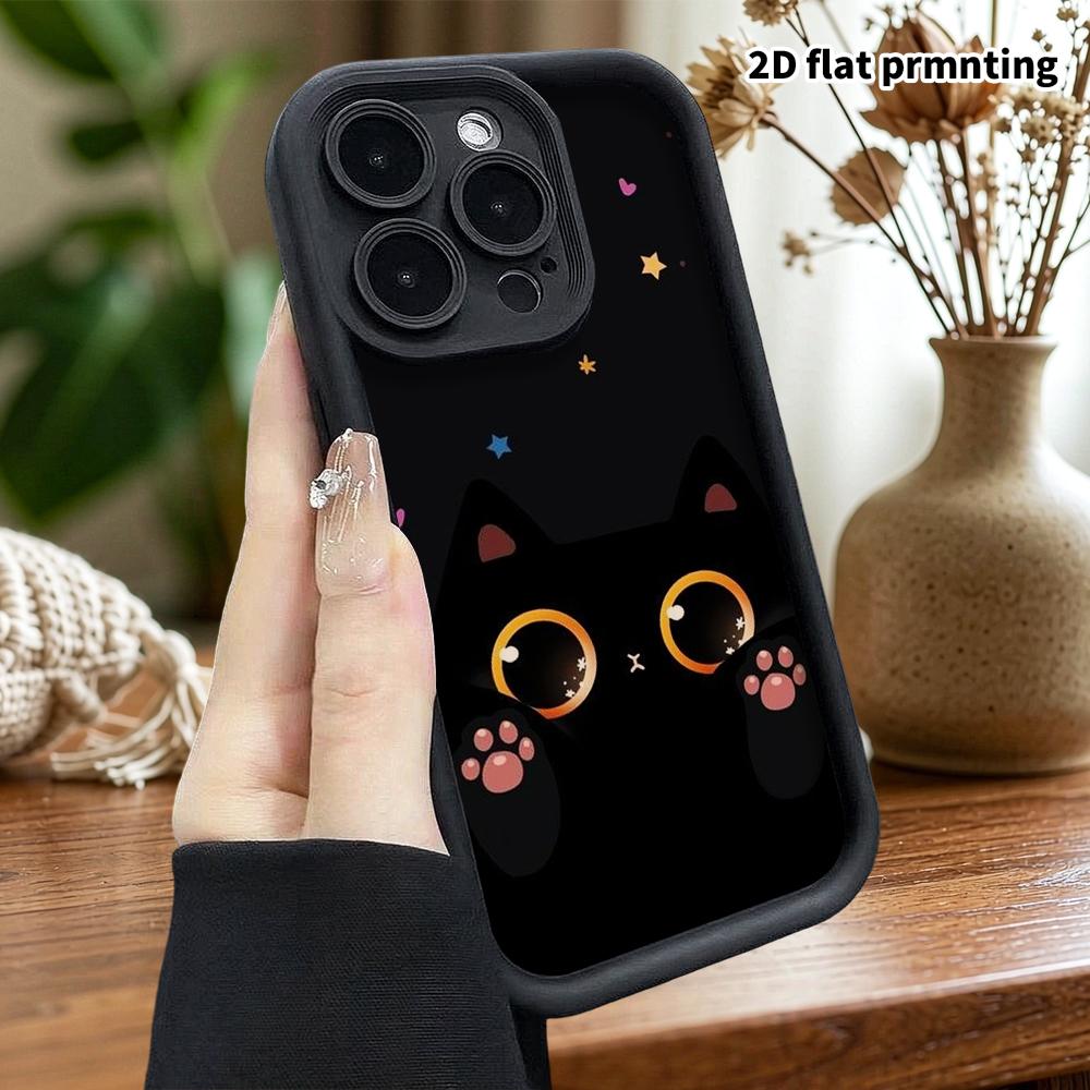 Phone Case: 2D Flat Design Suitable for iPhone 18 17 16 15 14 13 Pro Step Protection Case, Little Black Cat Probe, Christmas and Halloween Gift