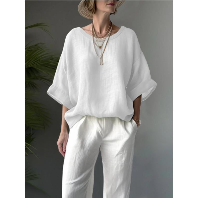 

Летняя однотонная удобная повседневная рубашка из хлопка и льна с круглым вырезом и открытыми плечами, свободная, для похудения, женская рубашка больших размеров L