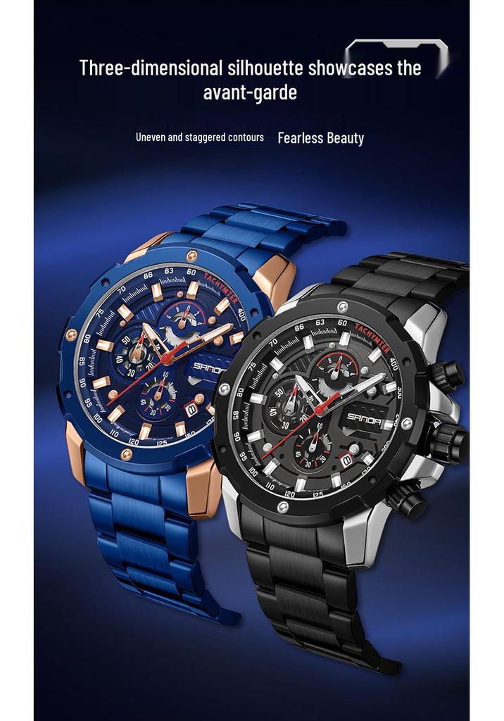 SANDA Men's Quartz Waterproof Watch with Calendar, Simple Design, Three Dials, Six Hands, and Steel Strap.