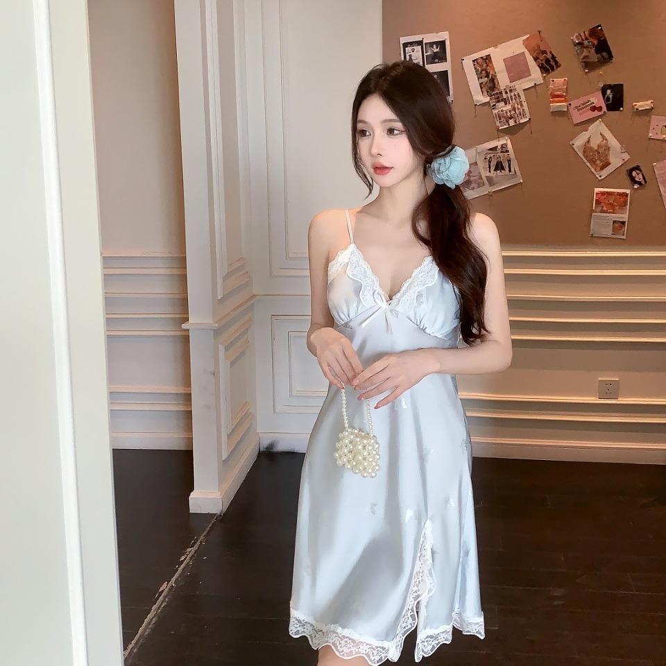 Sexy Pajamas Women Ice Ribbon Chest Pad Summer Iron Silver Butterfly Pure Wind Silk Suspender Pajamas Can Loungewear