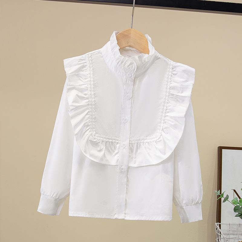 

Біла сорочка з довгими рукавами, весняна та осіння чиста бавовна для дівчаток, комір-стійка, мереживний захист від сонця, студентська версія 150