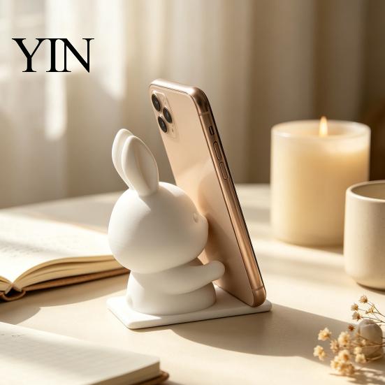 White Rabbit Cell Phone Dock Cute Bunny Holder, 3D Printed Animal Mobile Stand, Stable Smartphone Support for Watching Movies Desktop Holder