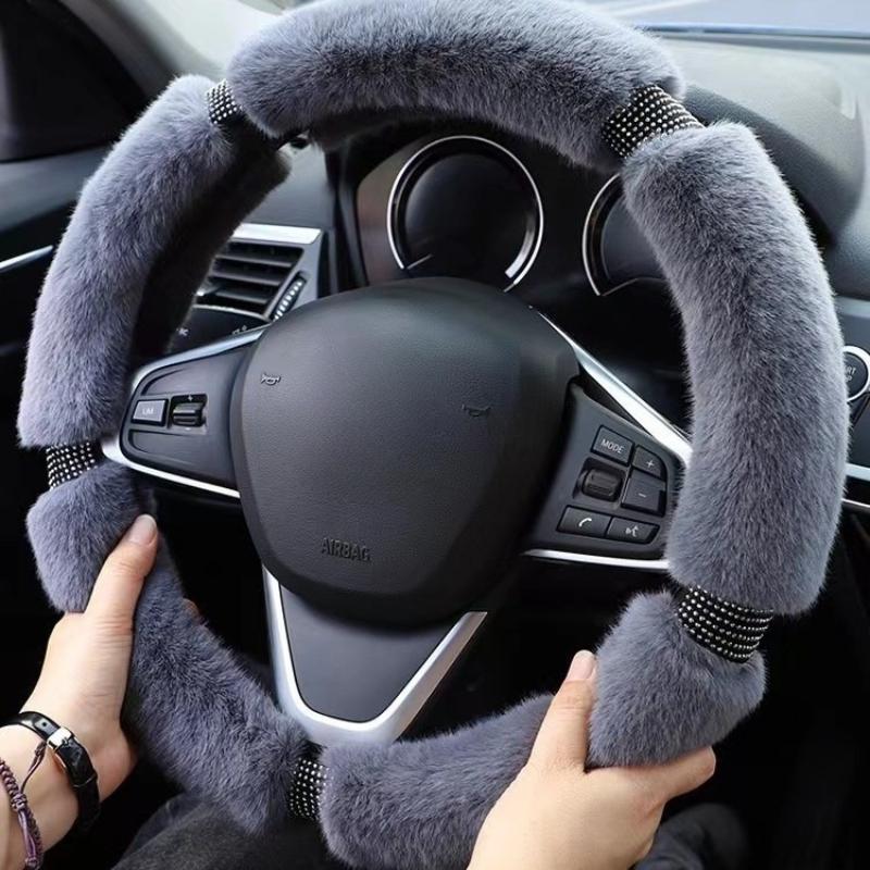 38cm Imitation Mink Fur Car Steering Wheel Cover Warm Plush with Rhinestones Elastic Handle Warmth Luxury Steering Covers