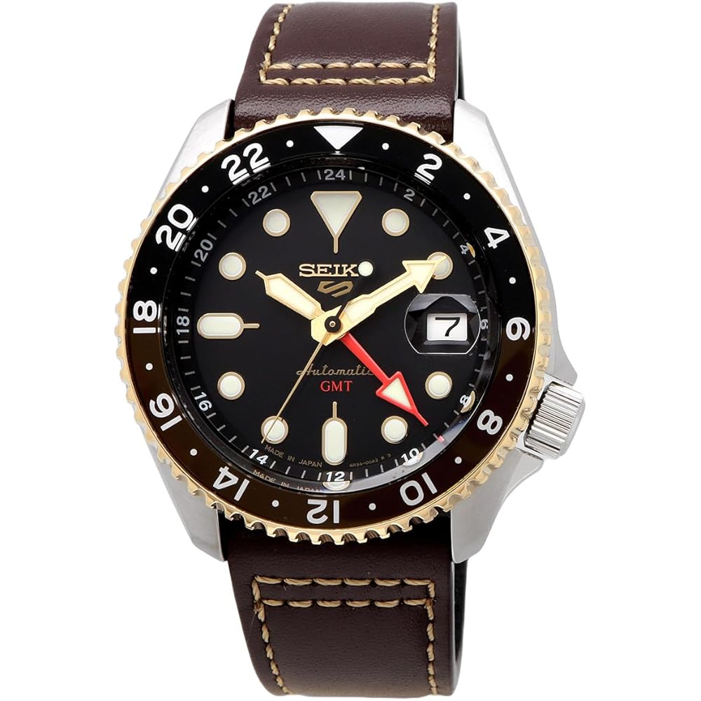 Seiko 5 Sports SKX Series GMT Automatic Mechanical Watch Black Brown Leather Men's Made in Japan