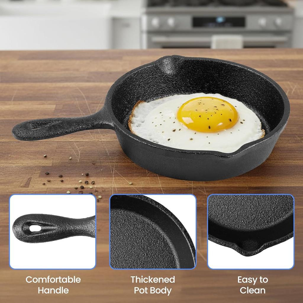 4 Pack Mini Cast Iron Skillets, 4 Inch Small Frying Pan with Double Drip-Spouts, Black Cast Iron Skillet with Handle, Nonstick Frying Pans for Indoor