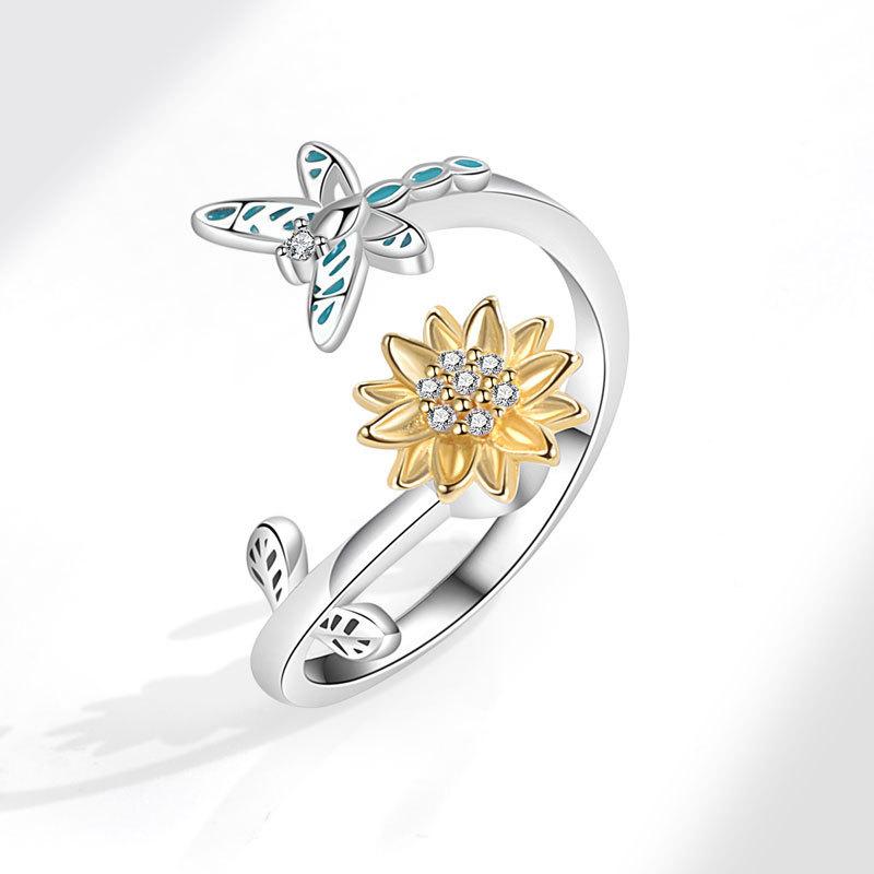 Fidget Spinner Ring Anxiety for Women Multiple Crystal Flower Eye Butterfly Animal Ring Rotate Anti Stress Wedding Jewerly