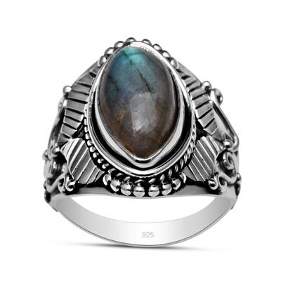 Natural Marquise Shape Labradorite Leaf Designer Shank Sterling Silver Vintage Ring For Women & Girls