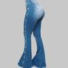 High Waist Multi Pockets Button Fly Hip Lifting Flare Jeans Washed Rivet Decor