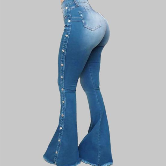 High Waist Multi Pockets Button Fly Hip Lifting Flare Jeans Washed Rivet Decor