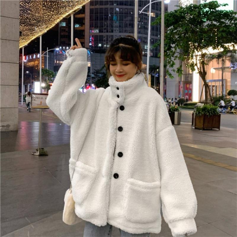 Jacket women's fleece thickened autumn and winter new versatile Korean version loose lazy wind stand-up cardigan