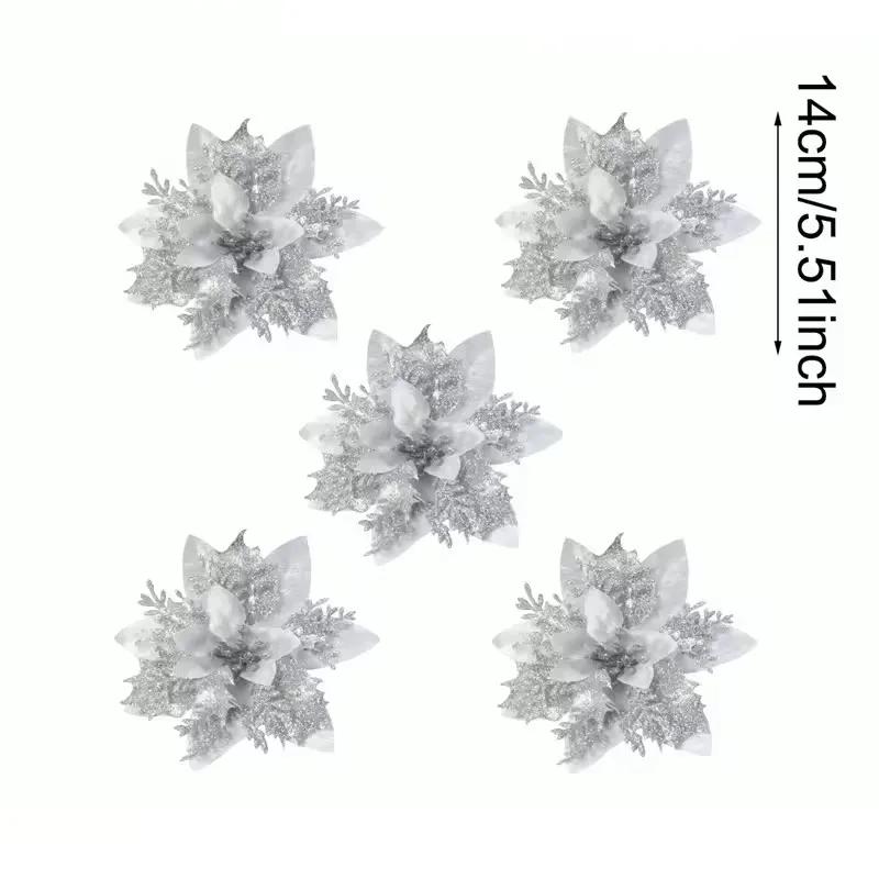 

10pcs Glitter Christmas Artificial Flowers Christmas Tree Hanging Ornaments Fake Flower for Home 2025 Xmas New Year Navidad Gift 5pcs срібний