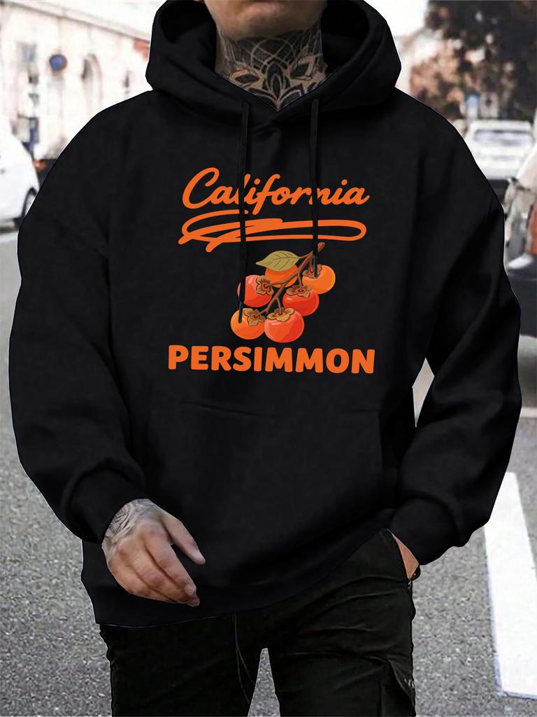 California Persimmon Fruit Art Letter Print Men Hoody Pocket Hip Hop Hoodies Casual Loose Pullovers Autumn Fleece Streetwear