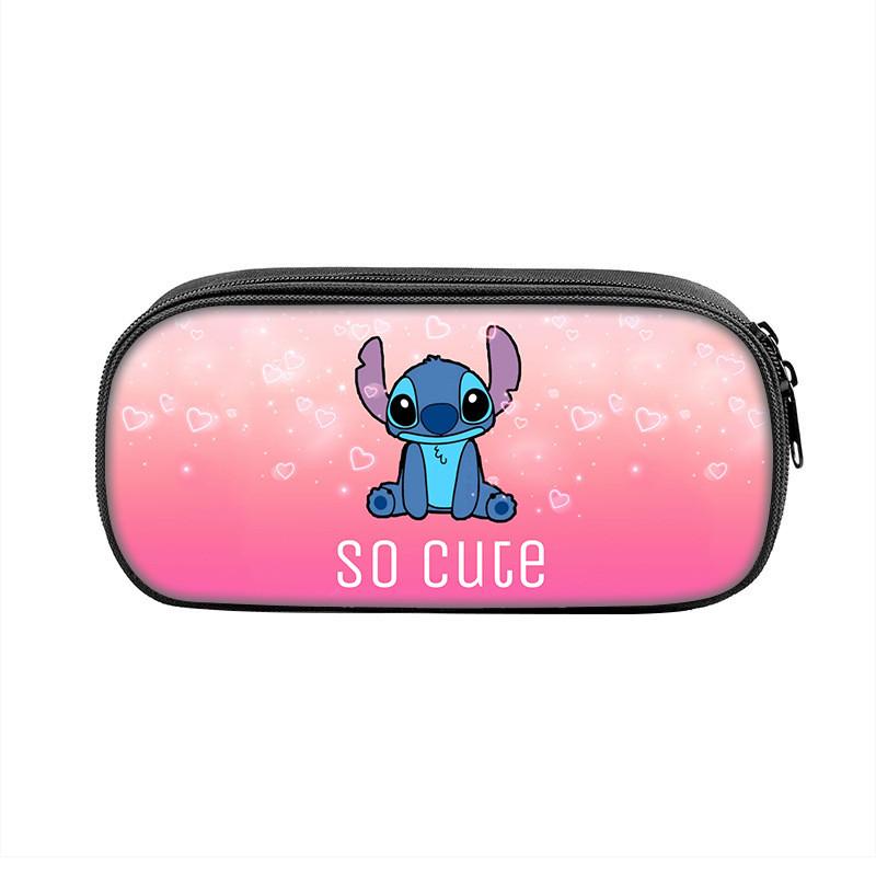 Stitch Pencil Case With Dual Zipper Polyester Storage For Kids And Students