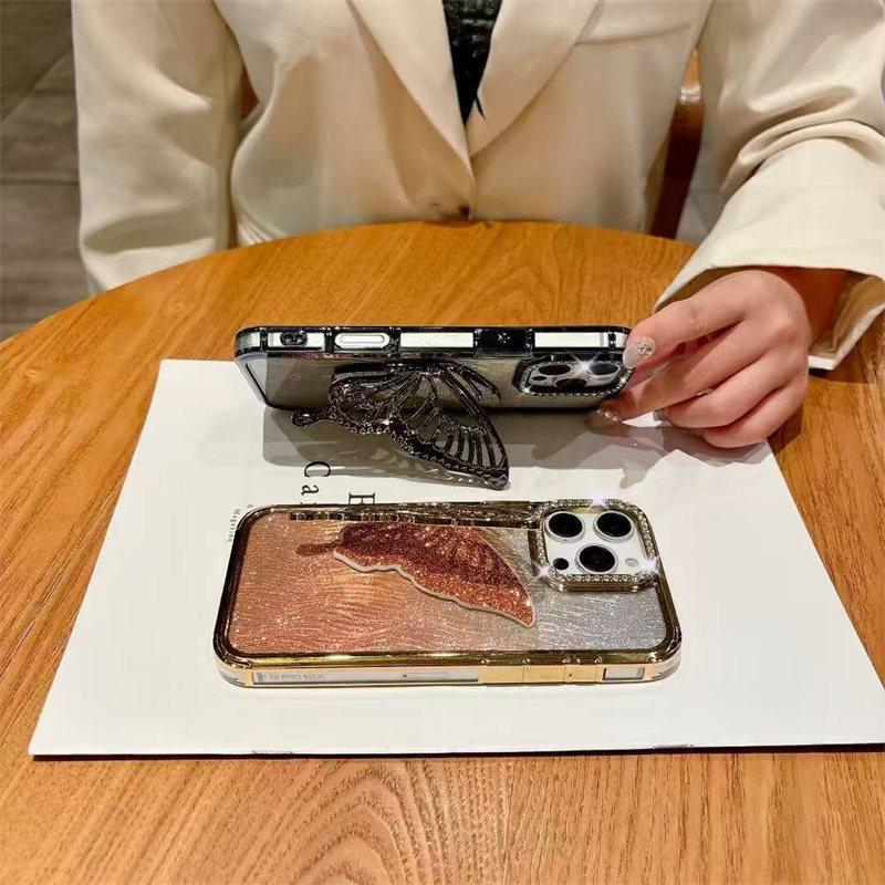 Luxury Bling Butterfly Bracket Transparent Case For iPhone 16 Plus 15 14 13 12 Pro Max 11 Plating Shiny Gradient Diamond Cover