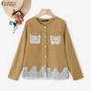 ZANZEA Women Casual Round Neck Loose Lace Splice Loose Blouse