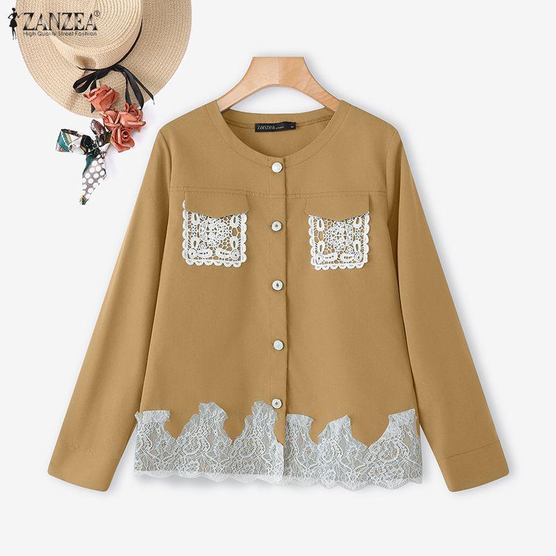 ZANZEA Women Casual Round Neck Loose Lace Splice Loose Blouse
